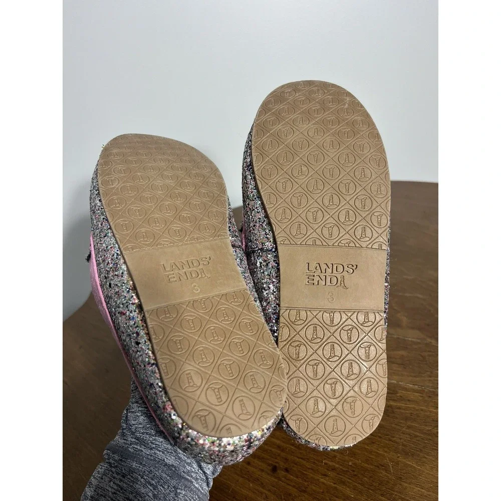 Lands End Kids Youth‎ Pattern Moccasin Slippers Multi Glitter Pink Sparkle Sz 3